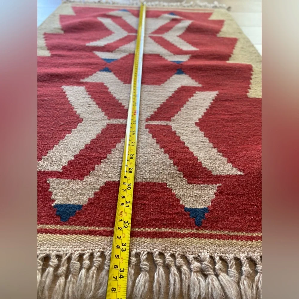 Turkish Kilim Wool Rug Flat woven 2X3 Ft Geometric Motif Red Cream Fringe VTG